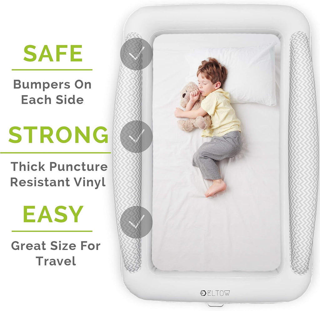 Inflatable Toddler Bed Air Mattress with Safety Bumper, Portable Travel Cot with Removable Mattress, High Speed Pump and Travel Bag B496