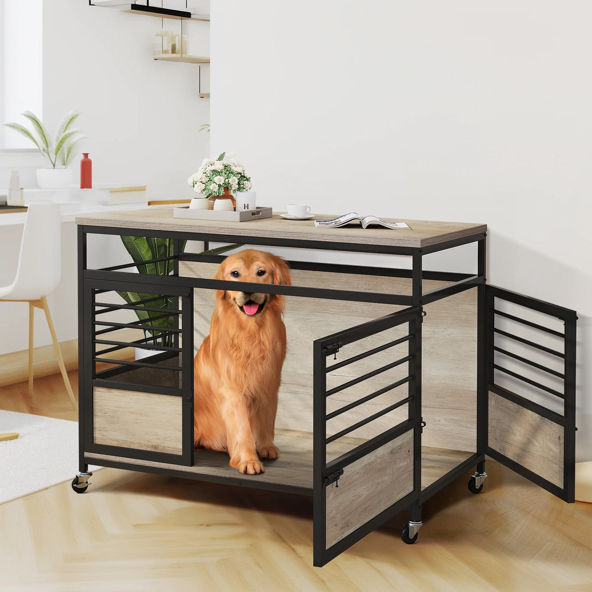 Grey Wooden Dog Crate Furniture with Wheels P7256