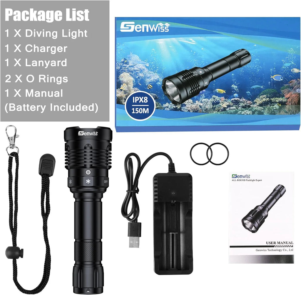 Rechargeable Underwater Dive Flashlight with Battery and Charger T1538