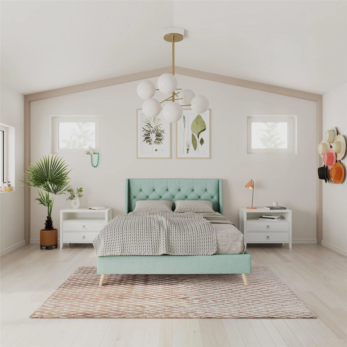 Queen Light Green Linen Tufted Upholstered Bed Frame F898
