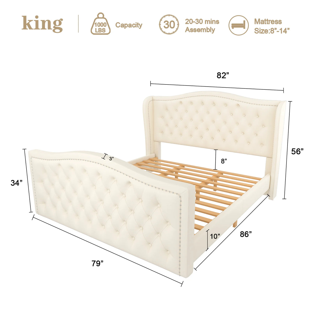 White Velvet Upholstered Tufted Platform Bed Frame X26337