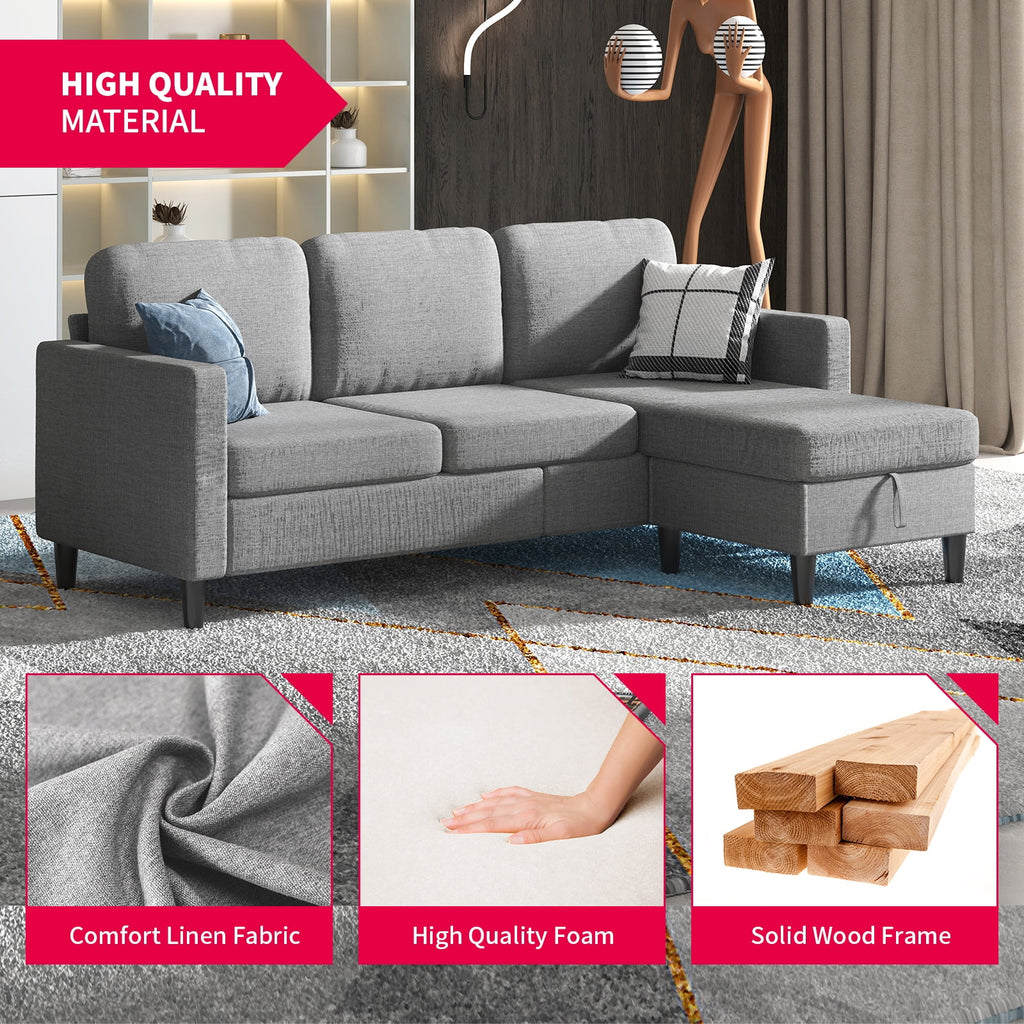 Beige Linen Sectional Sofa with Storage Ottoman G128464