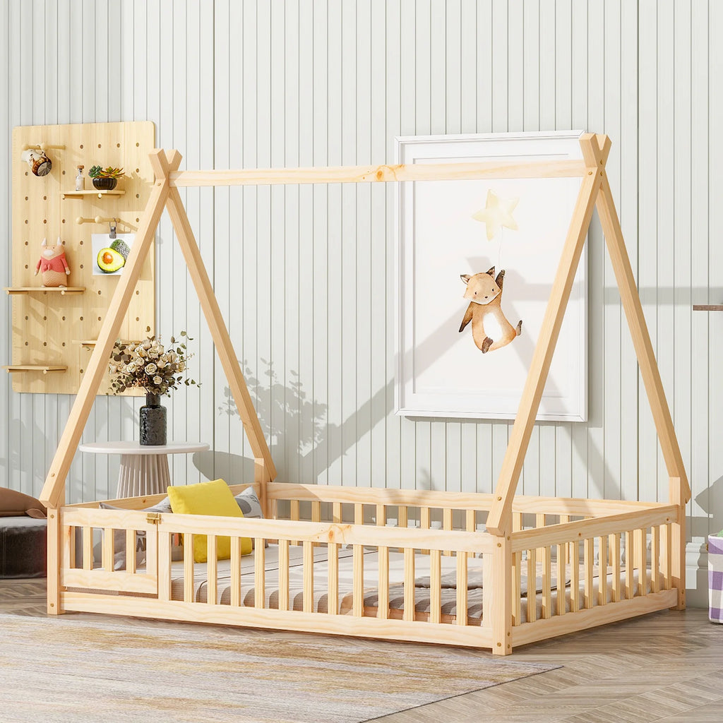 Tent-shaped Floor Bed with Guardrails, Slats, Door R250543