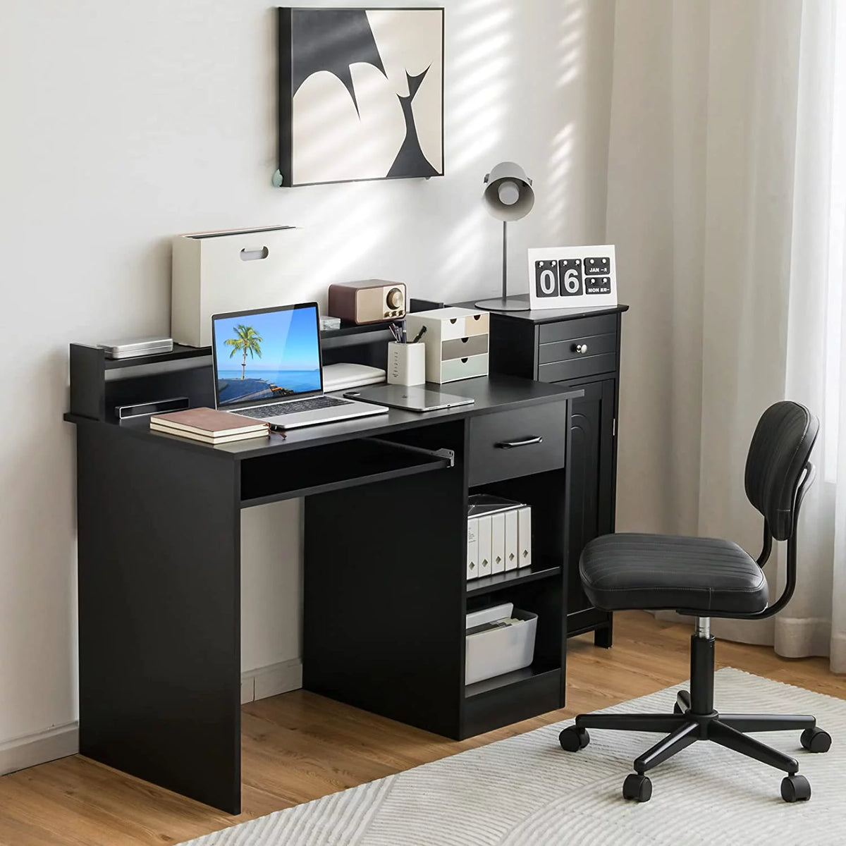 Computer Desk with Drawer & Keyboard Tray, 22 Inch Wide Wood Desk with Hutch & Storage Shelves I48861