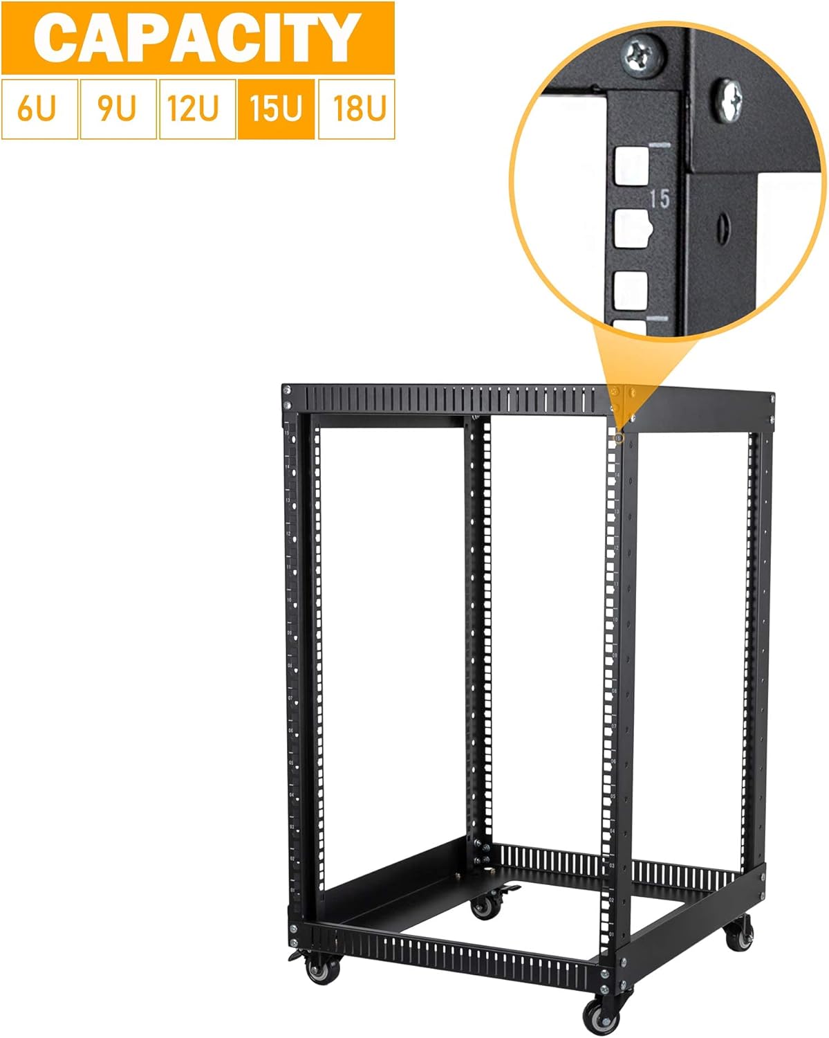 18U 4 Post Open Frame Server Rack with Brake Casters Black E30230