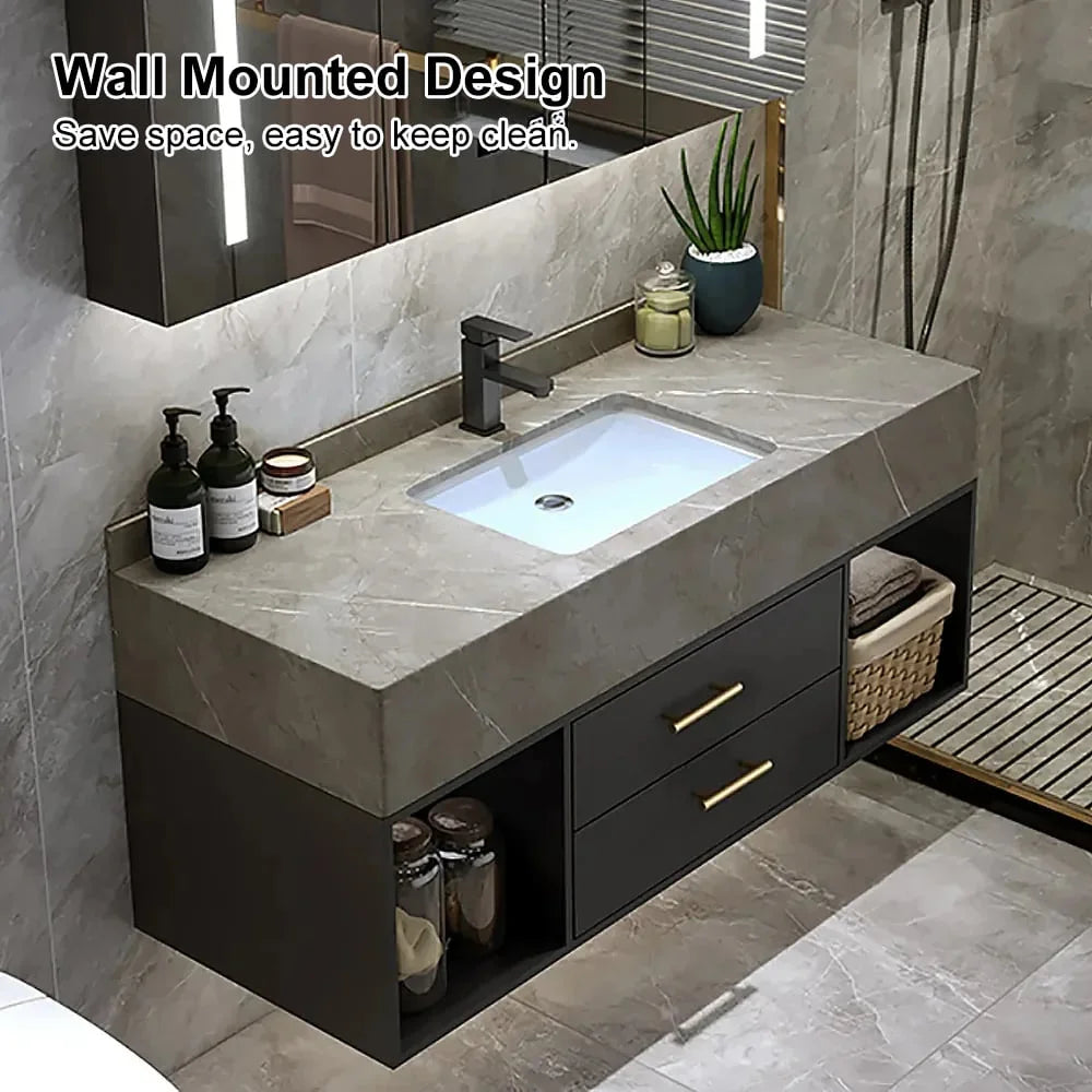 40" Black & Gray Bathroom Vanity with Sintered Stone Vessel Sink Y871126