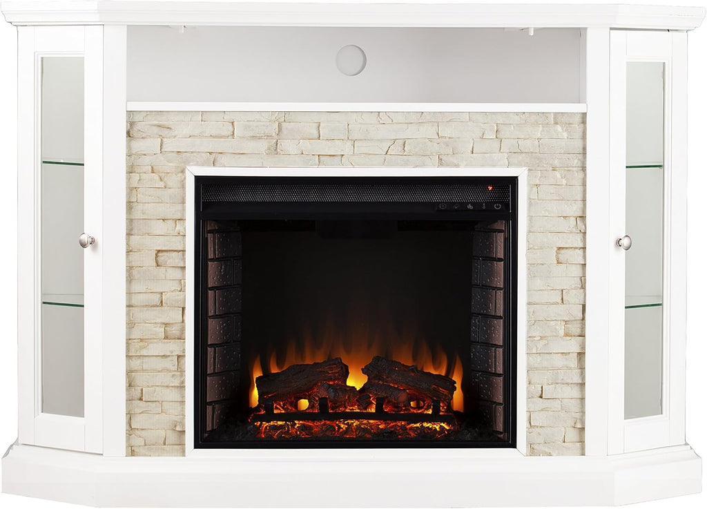 Fresh White Faux Stone Electric Media Storage Corner Fireplace P5897