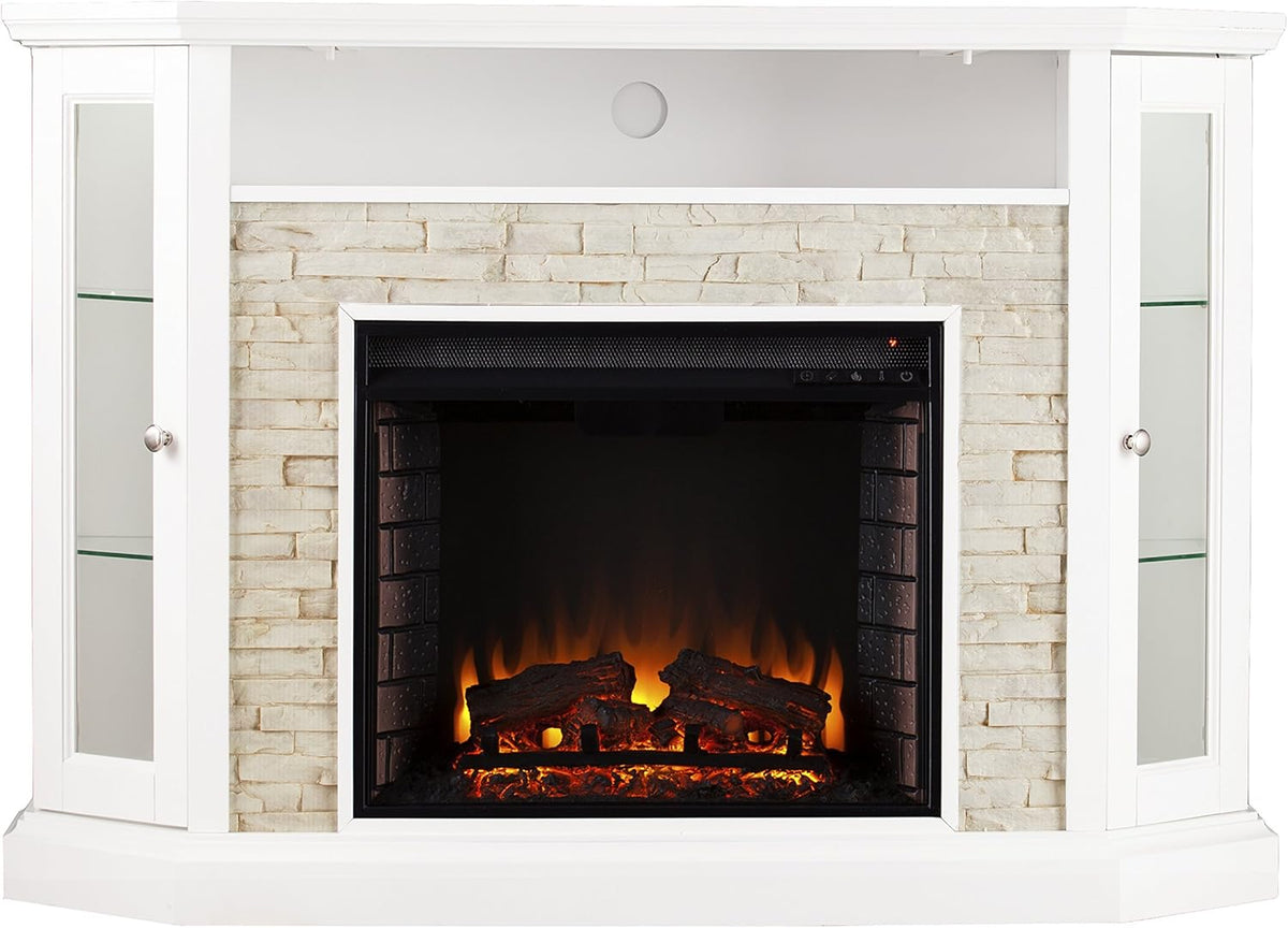 Fresh White Faux Stone Electric Media Storage Corner Fireplace P5897