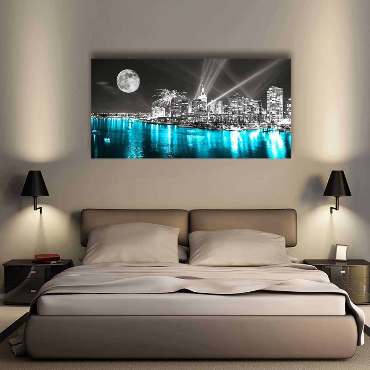 Moon Painting Wall Art Canvas Prints Cityscape Poster Lighted New York City Skyline Pictures Wooden Framed Artwork 20x40 Inches A20149