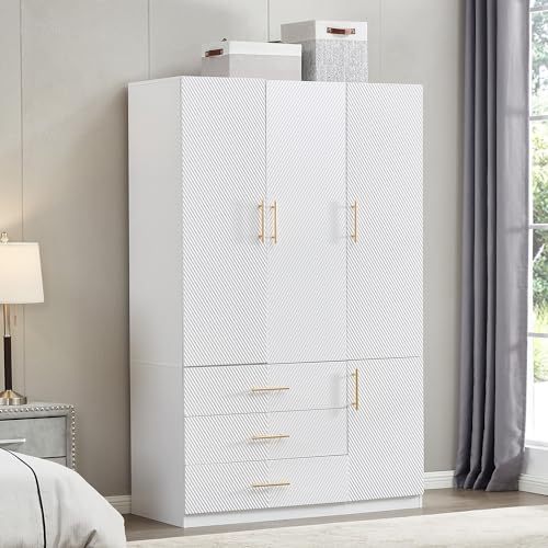 White 4 Doors 3 Drawers Wooden Closet Cabinet Wardrobe Armoire E79392