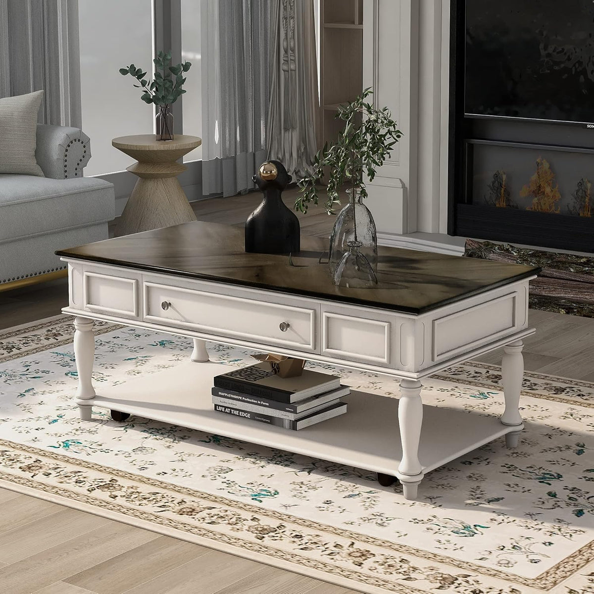 Gray Wood Coffee Table with Drawer and Storage Shelf P497719
