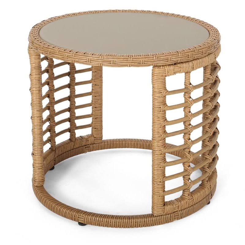 Tempered Glass Top Wicker Side Table in Light Brown I557775