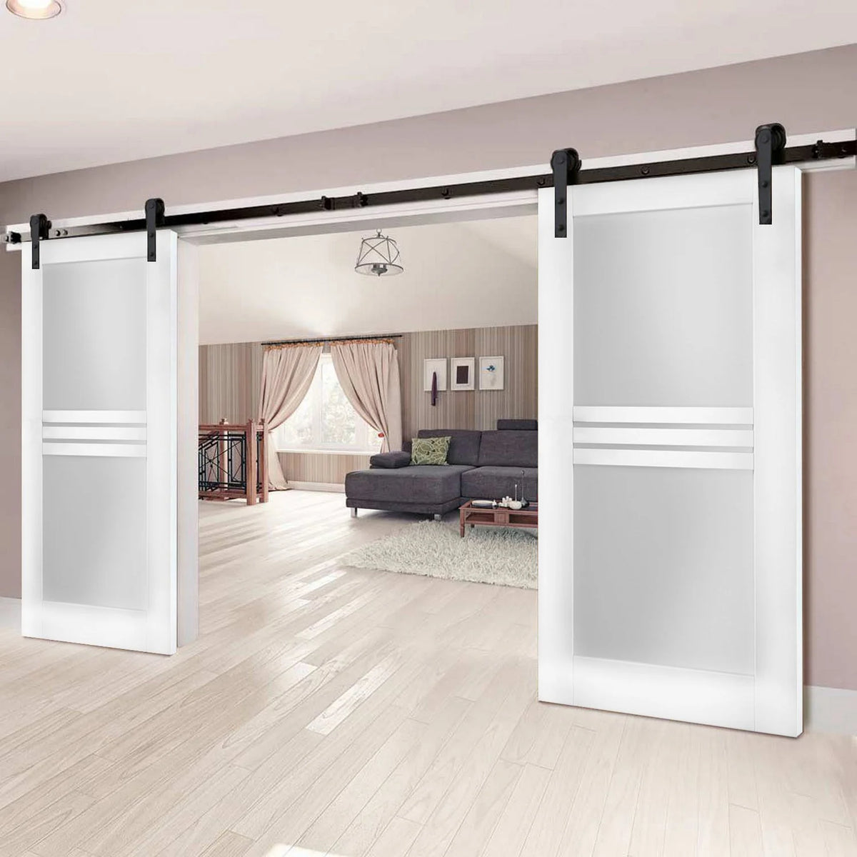 Modern Double Barn Door with Opaque Glass 4 Lites D34776