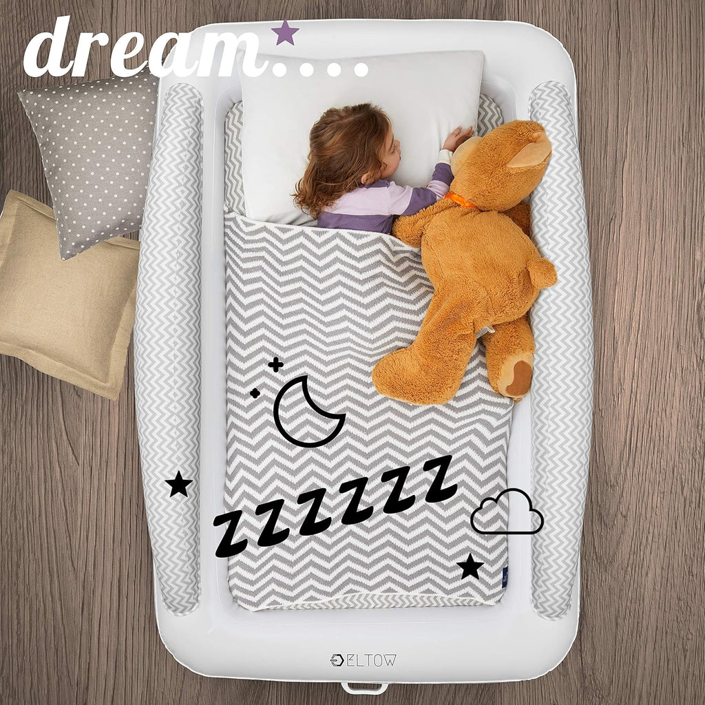 Inflatable Toddler Bed Air Mattress with Safety Bumper, Portable Travel Cot with Removable Mattress, High Speed Pump and Travel Bag B496