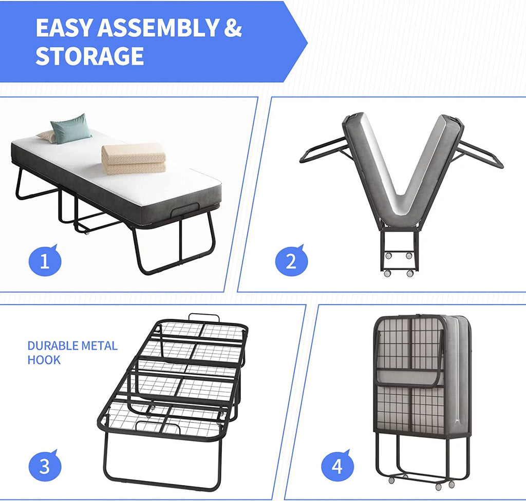 Folding Bed with 4 Inch Mattress and Lockable Wheels S987871