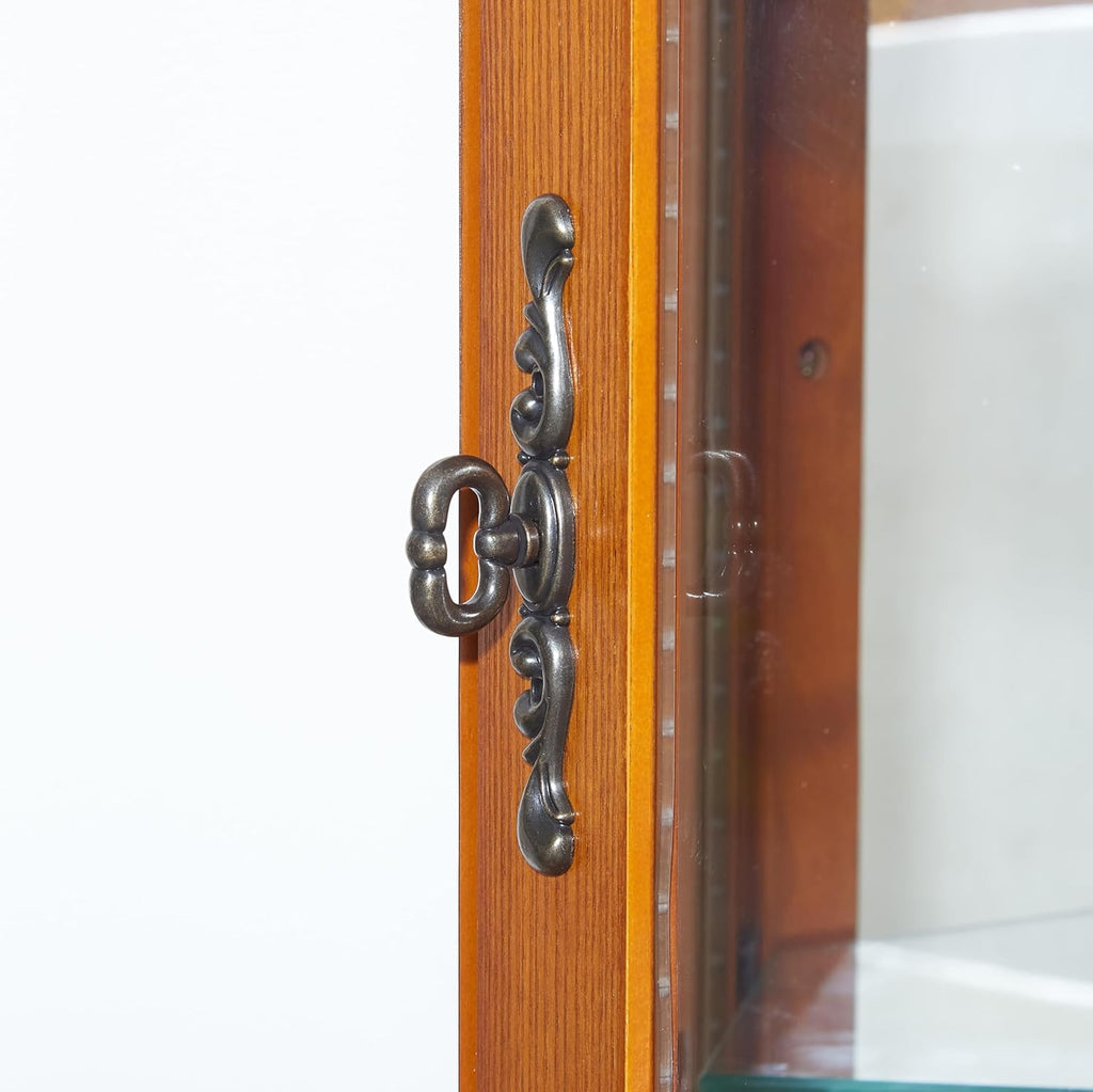 Oak Corner Curio Cabinet with Lights, Adjustable Tempered Glass Shelves, Mirrored Back I26162