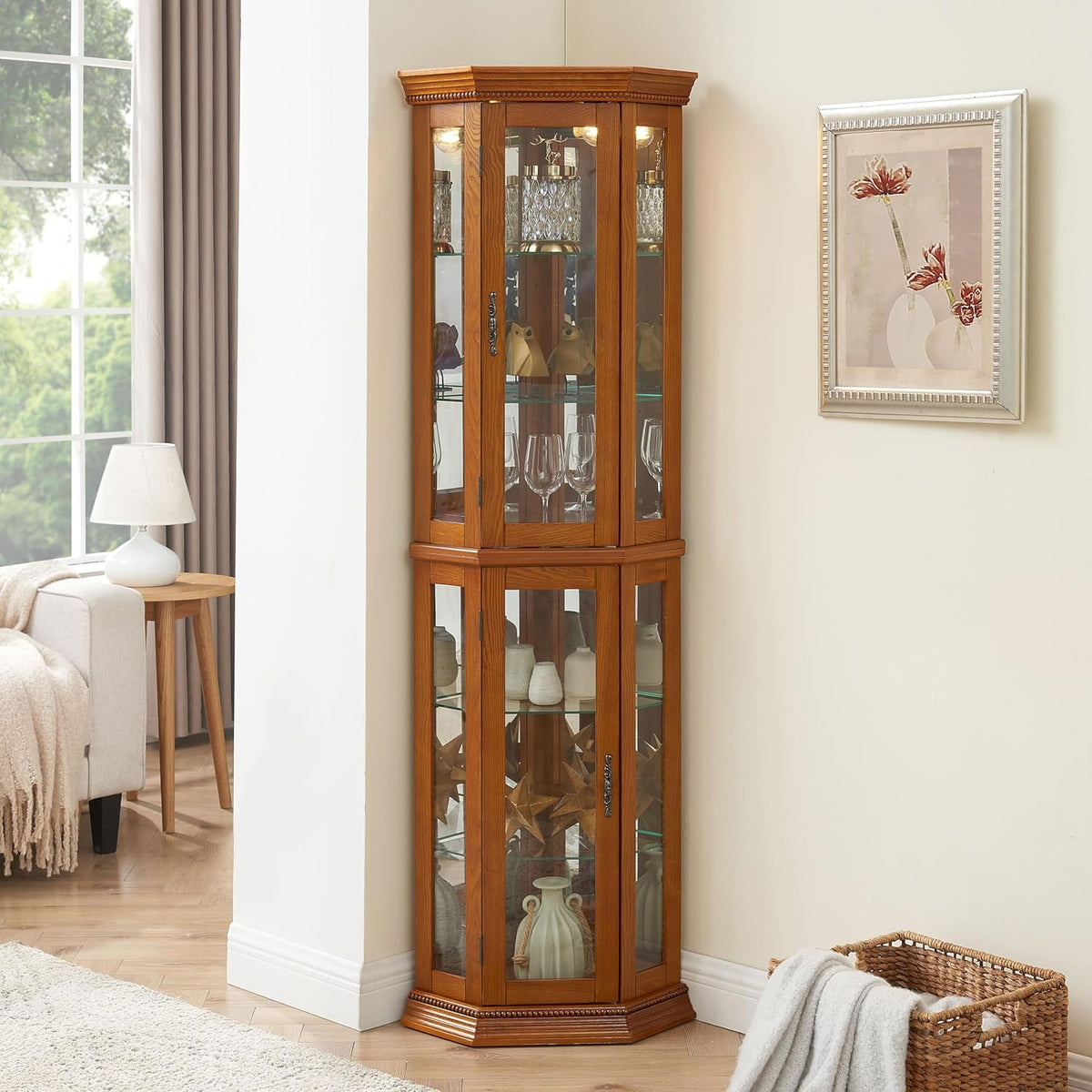 Oak Corner Curio Cabinet with Lights, Adjustable Tempered Glass Shelves, Mirrored Back I26162