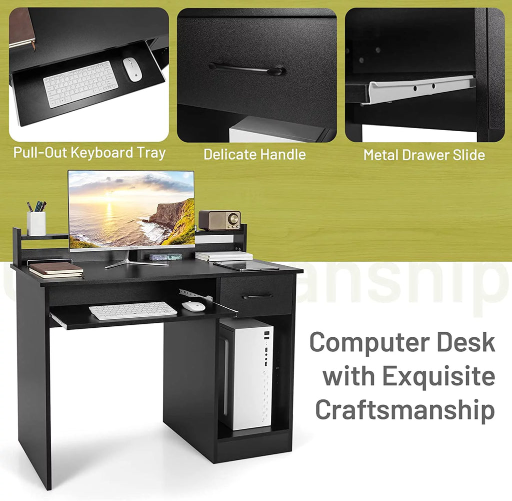 Computer Desk with Drawer & Keyboard Tray, 22 Inch Wide Wood Desk with Hutch & Storage Shelves I48861