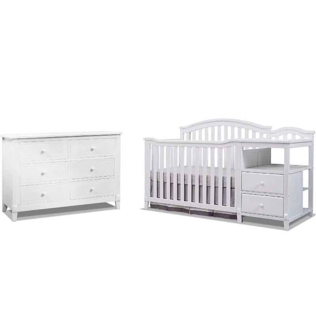 White Baby Crib with Changing Table and 6 Drawer Dresser Set J7233