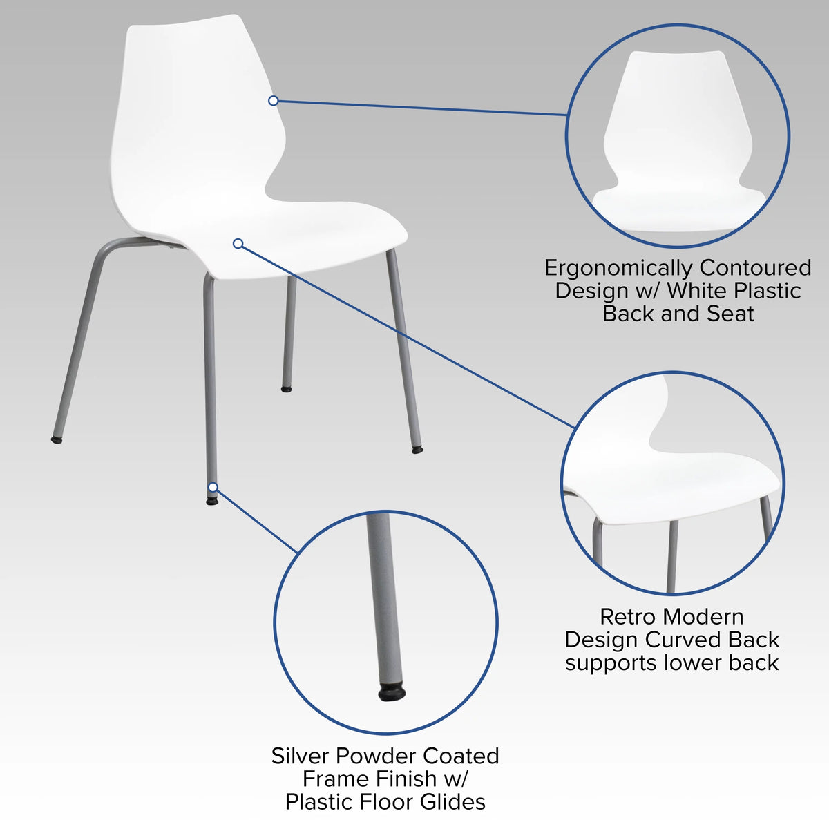 White Stack Chair with Lumbar Support and Silver Frame K26763