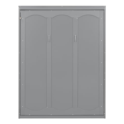 Queen Size Gray Wooden Murphy Bed with Storage Shelves P9096