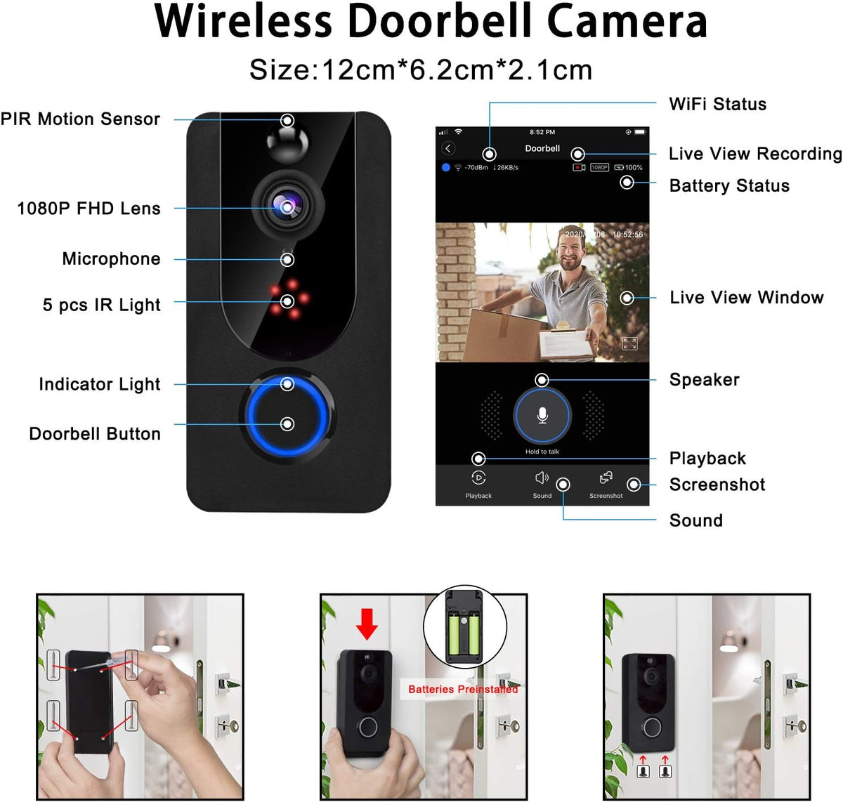 Wireless Video Doorbell Camera with Chime, 1080P, PIR Motion Detection, IP65 Waterproof, 2-Way Audio, Night Vision, Pack of 2 O46168