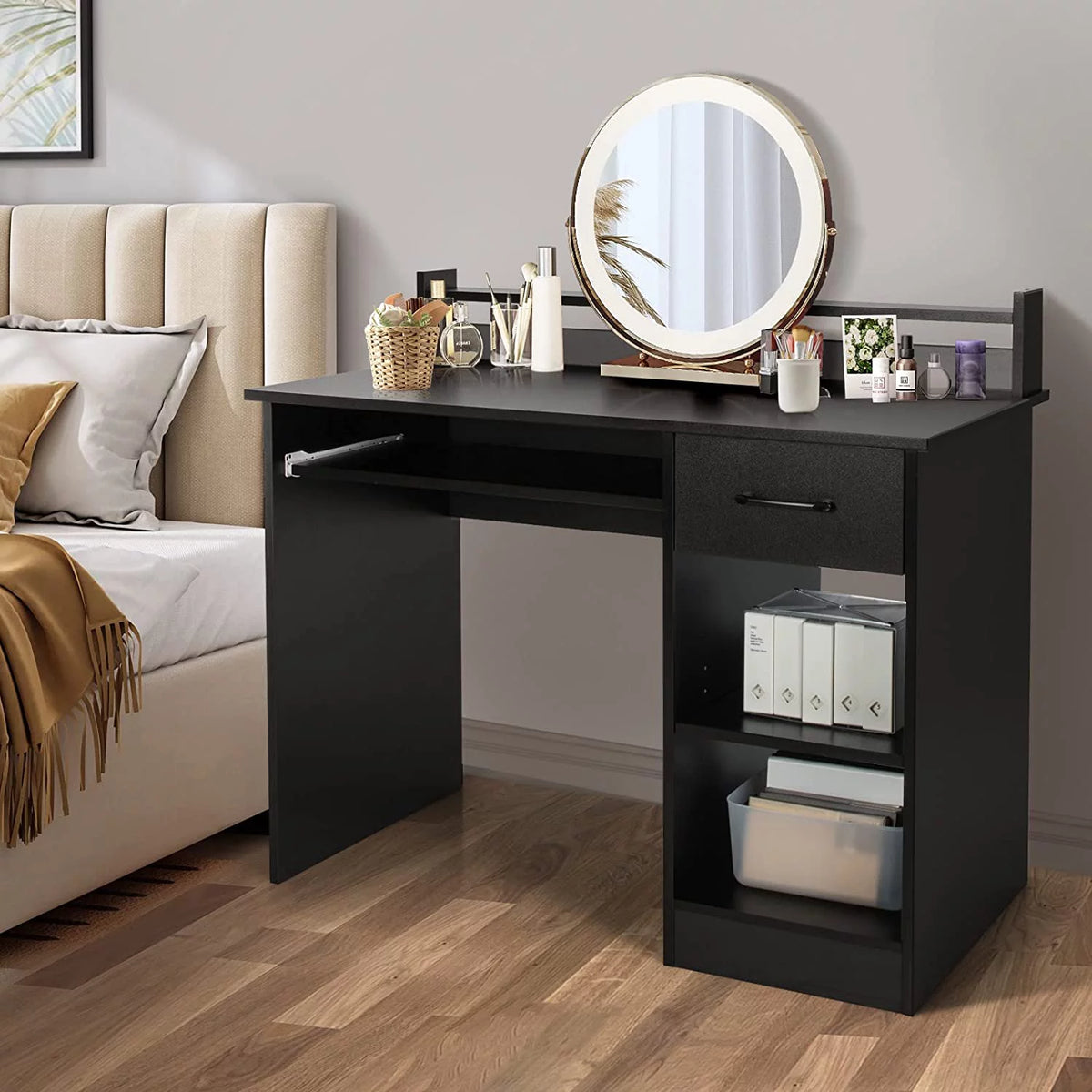 Computer Desk with Drawer & Keyboard Tray, 22 Inch Wide Wood Desk with Hutch & Storage Shelves I48861