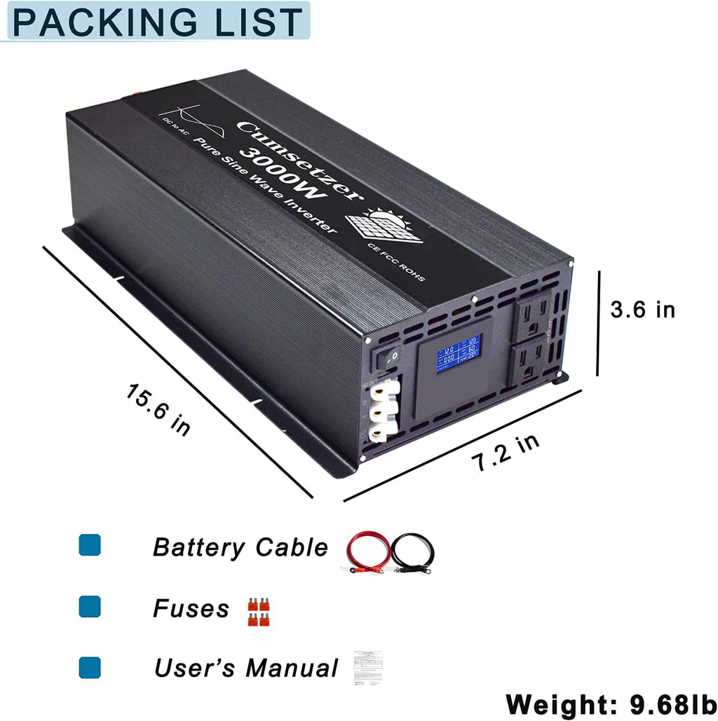 3000w 24v Pure Sine Wave Power Inverter with Dual US Outlet and LCD Display T457