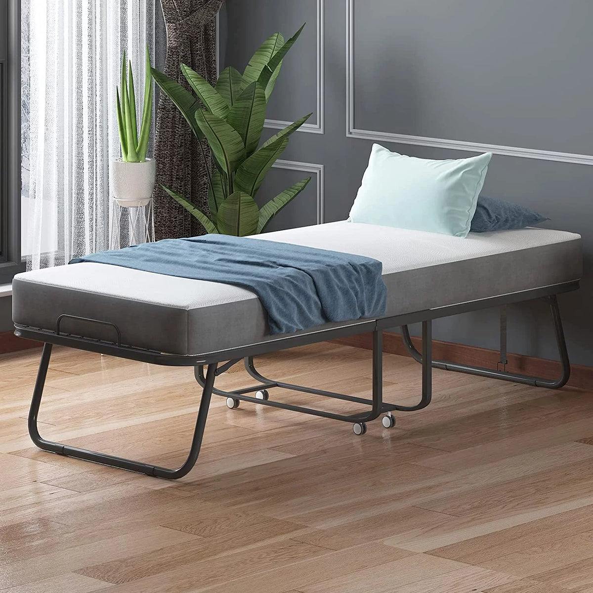 Folding Bed with 4 Inch Mattress and Lockable Wheels S987871