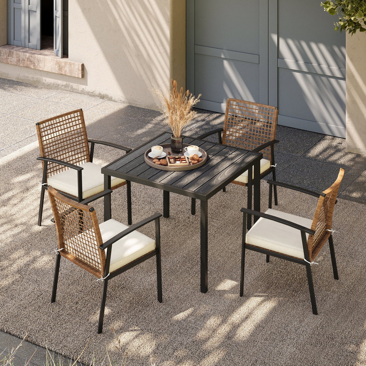 5 Pieces Patio Dining Set with Beige Seat Cushions and Table W30355