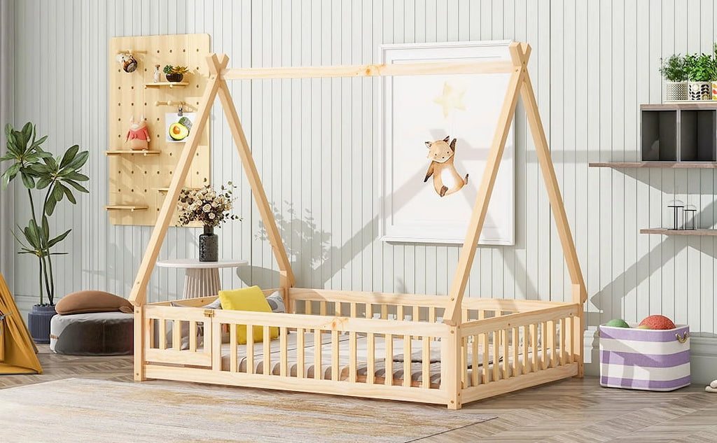 Tent-shaped Floor Bed with Guardrails, Slats, Door R250543