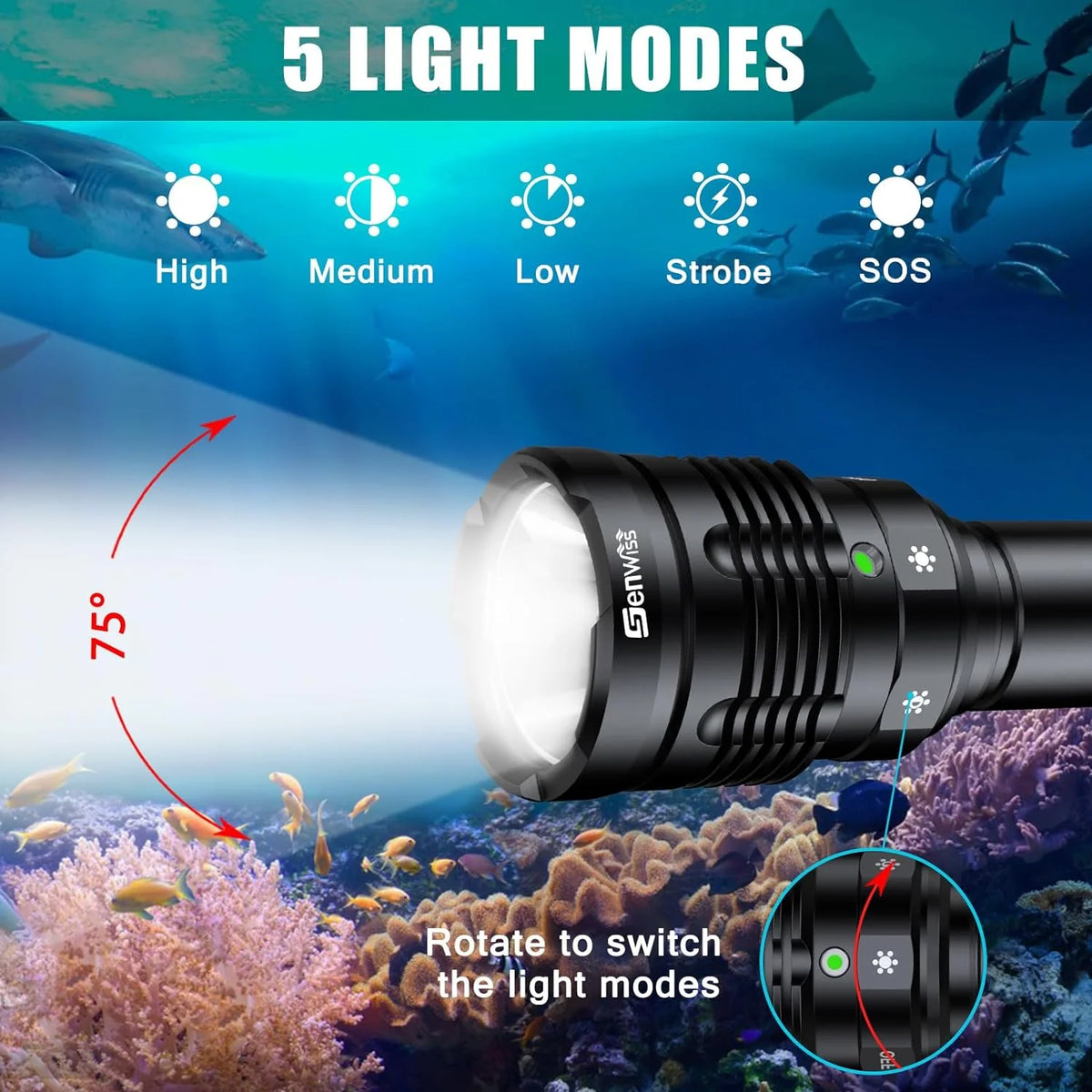 Rechargeable Underwater Dive Flashlight with Battery and Charger T1538