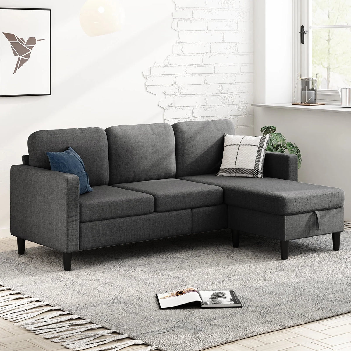 Beige Linen Sectional Sofa with Storage Ottoman G128464