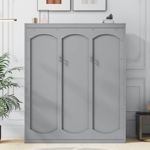 Queen Size Gray Wooden Murphy Bed with Storage Shelves P9096