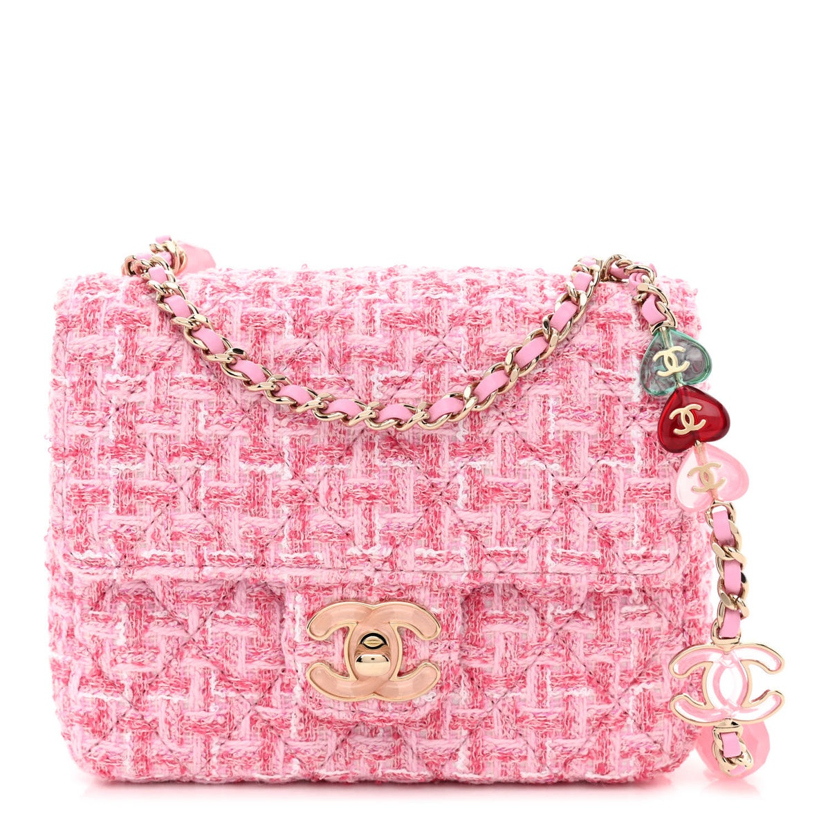 Quilted Tweed Mini Heart Square Flap Pink White D805