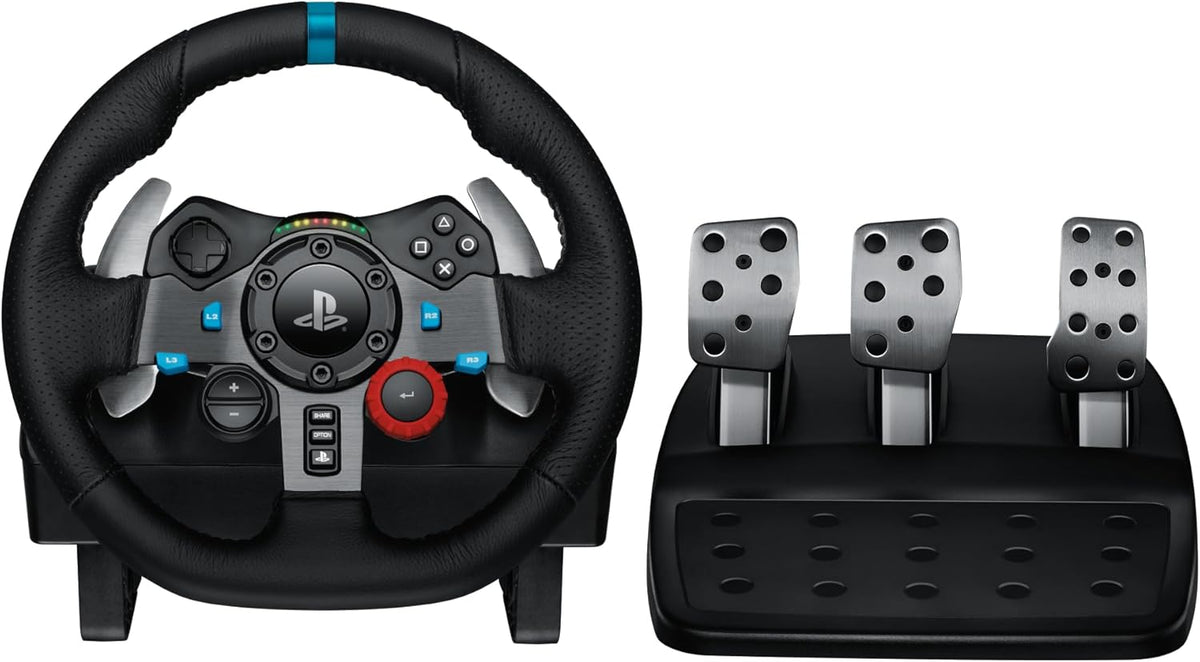 Black Leather Steering Wheel with Floor Pedals V128