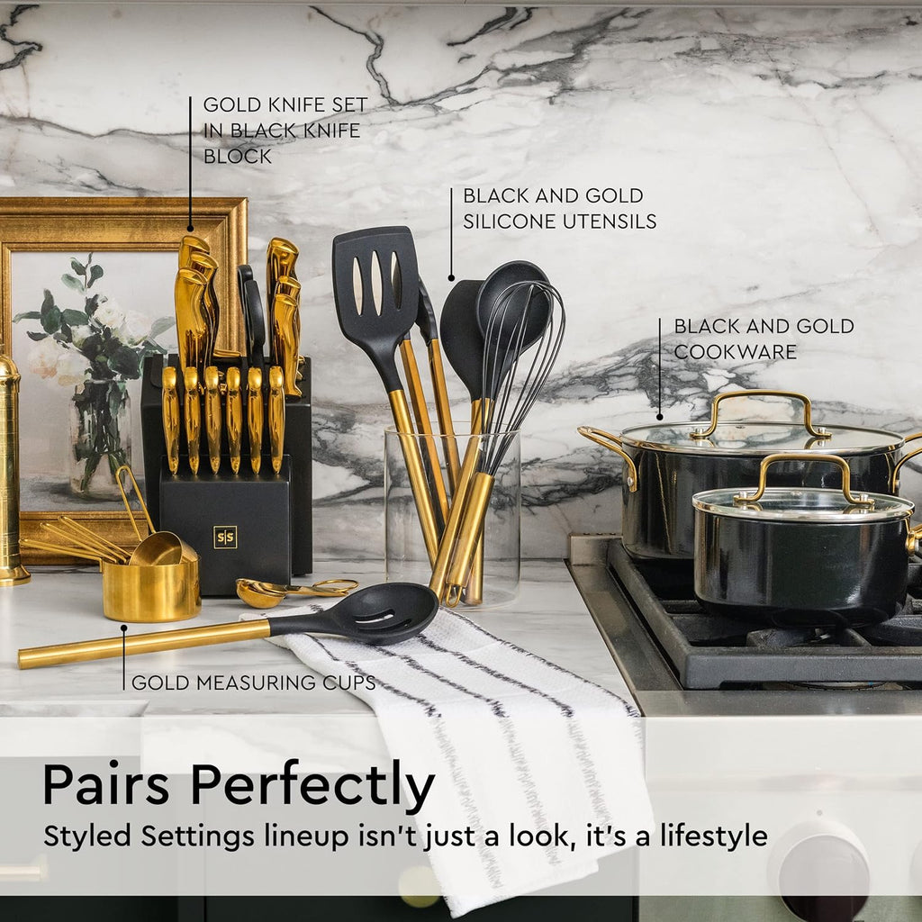 20 Piece Black and Gold Knife Set with Block Self Sharpening O537