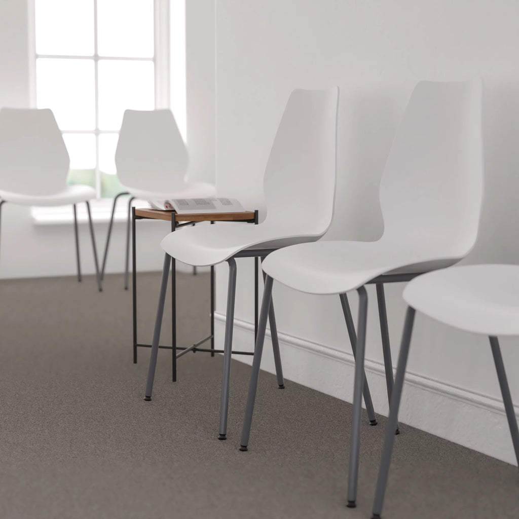 White Stack Chair with Lumbar Support and Silver Frame K26763