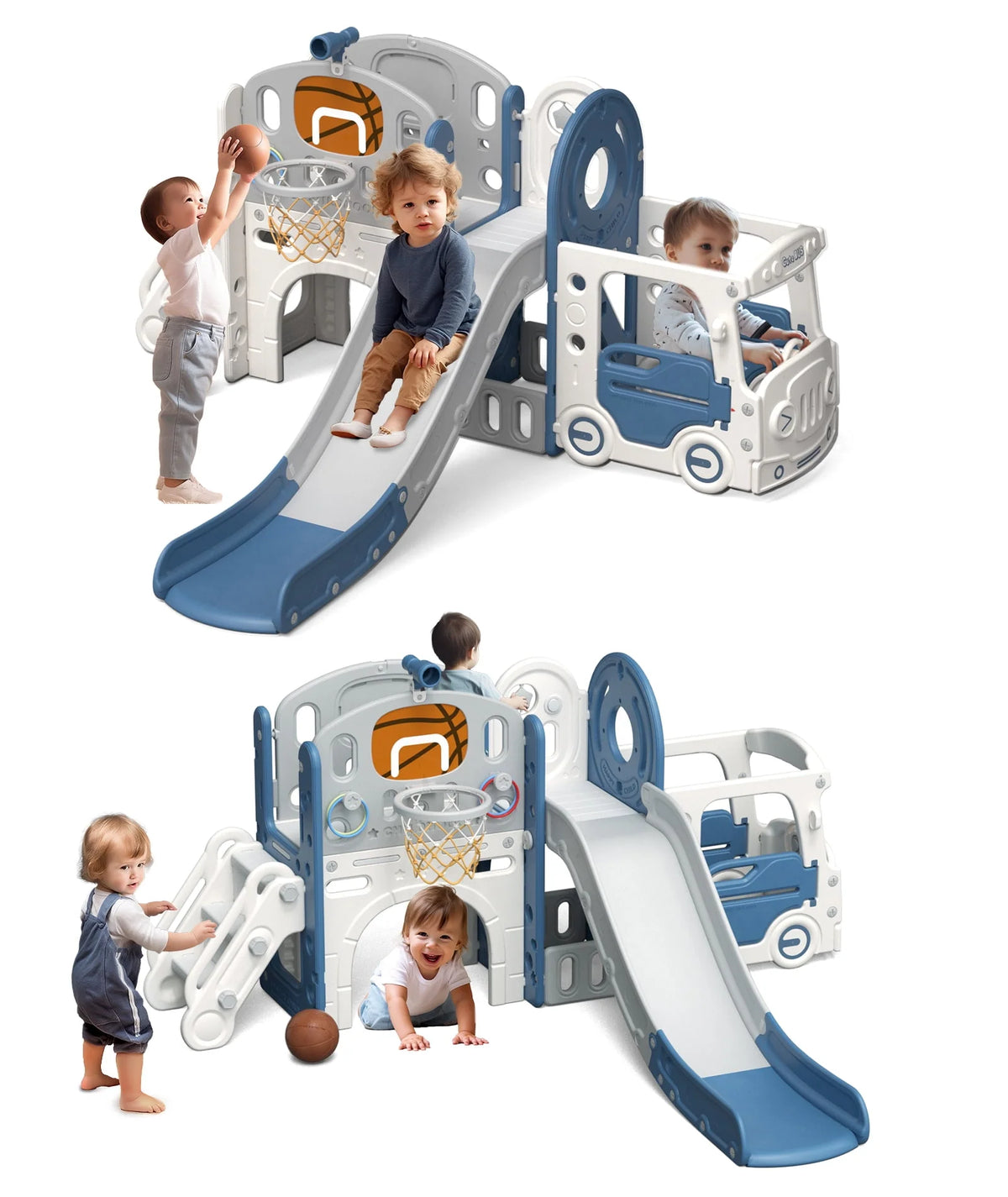 Kids Slide Set with Climber, Basketball Hoop, Tunnel, Playhouse F405