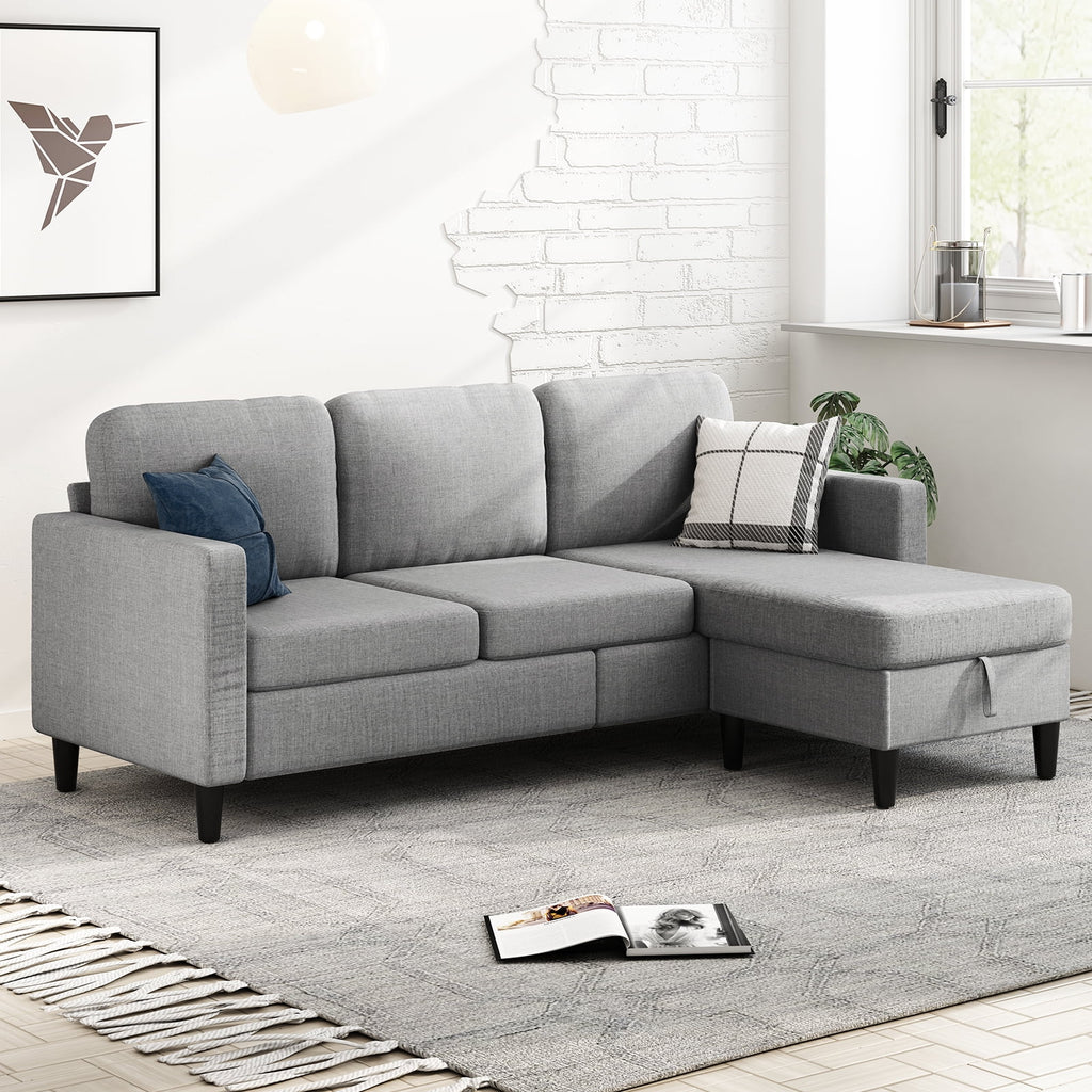 Beige Linen Sectional Sofa with Storage Ottoman G128464