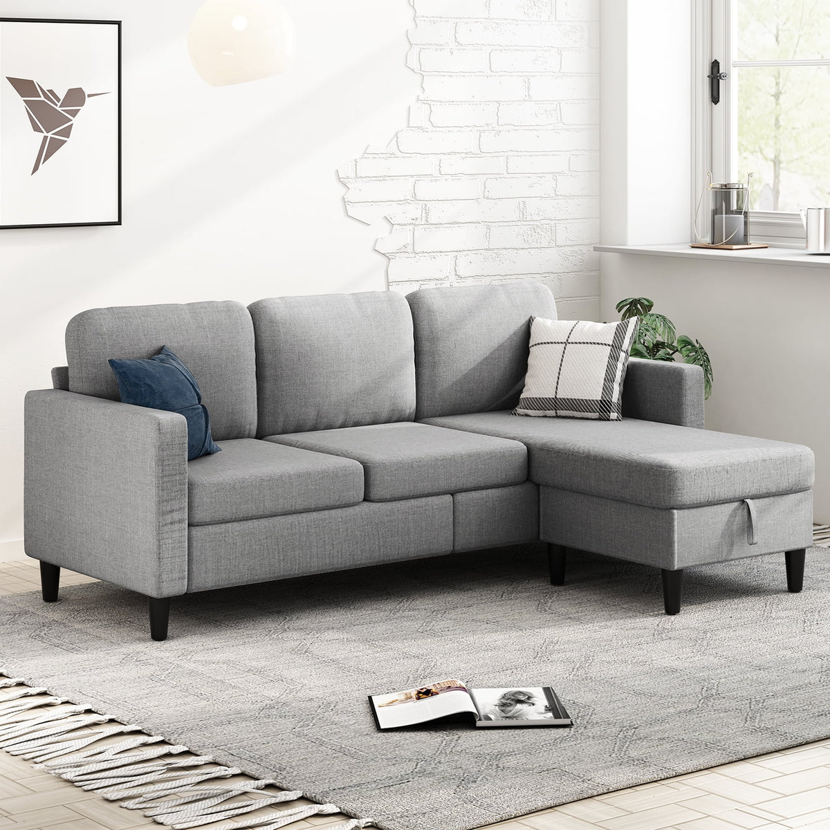 Beige Linen Sectional Sofa with Storage Ottoman G128464