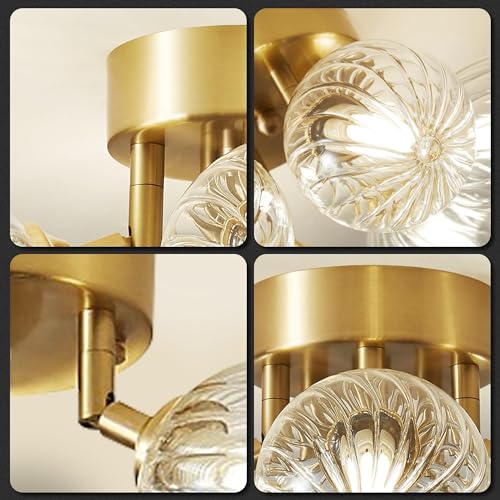 13" 4-Light Gild Brass Clear Ripple Blown Glass Globe Semi Flush Mount Chandelier F349797