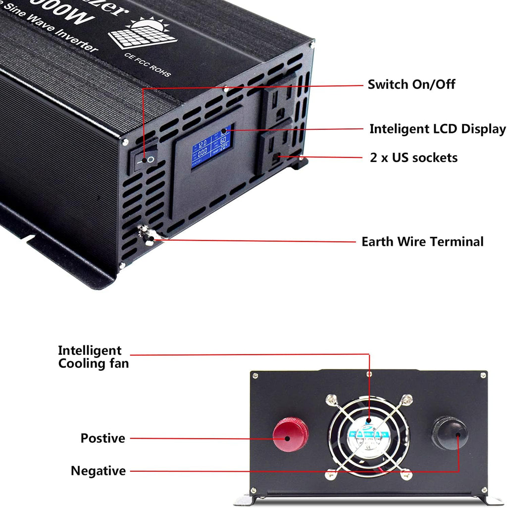 3000w 24v Pure Sine Wave Power Inverter with Dual US Outlet and LCD Display T457