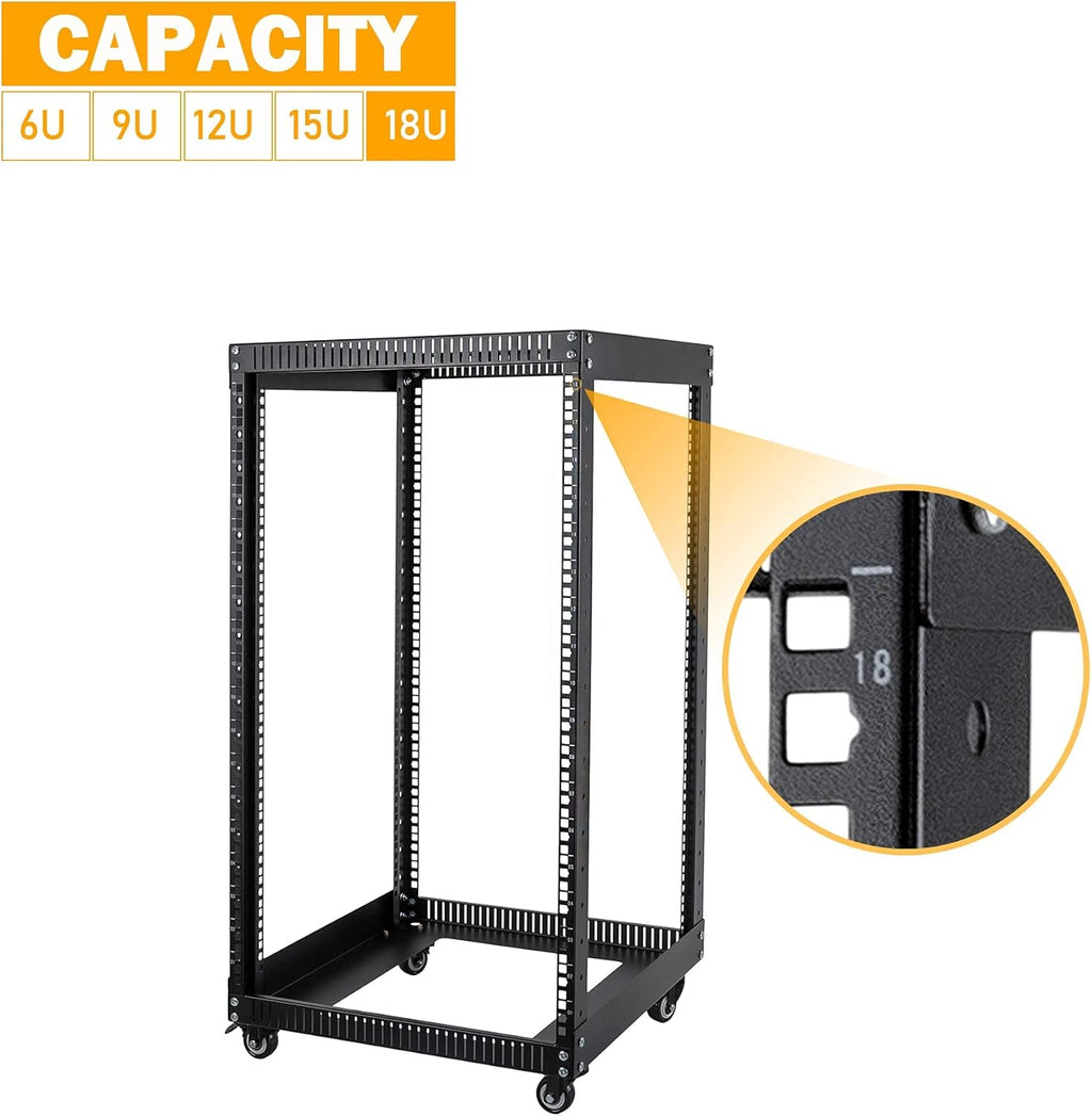 18U 4 Post Open Frame Server Rack with Brake Casters Black E30230