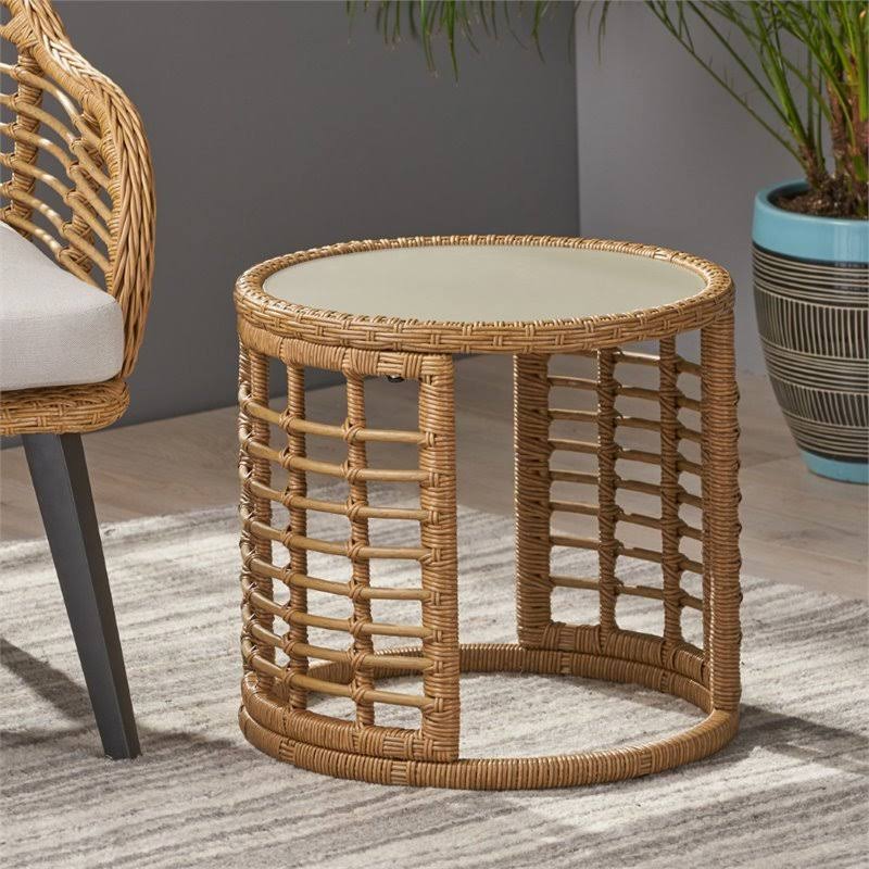 Tempered Glass Top Wicker Side Table in Light Brown I557775