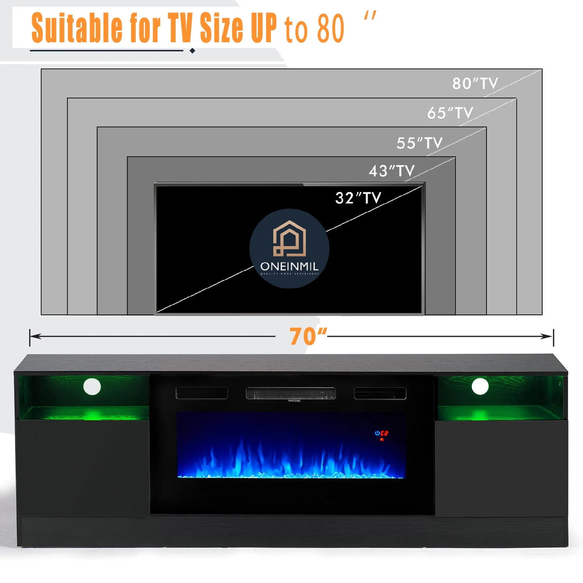 Black Fireplace TV Stand up to 80" with 36'' Electric Fireplace T9454