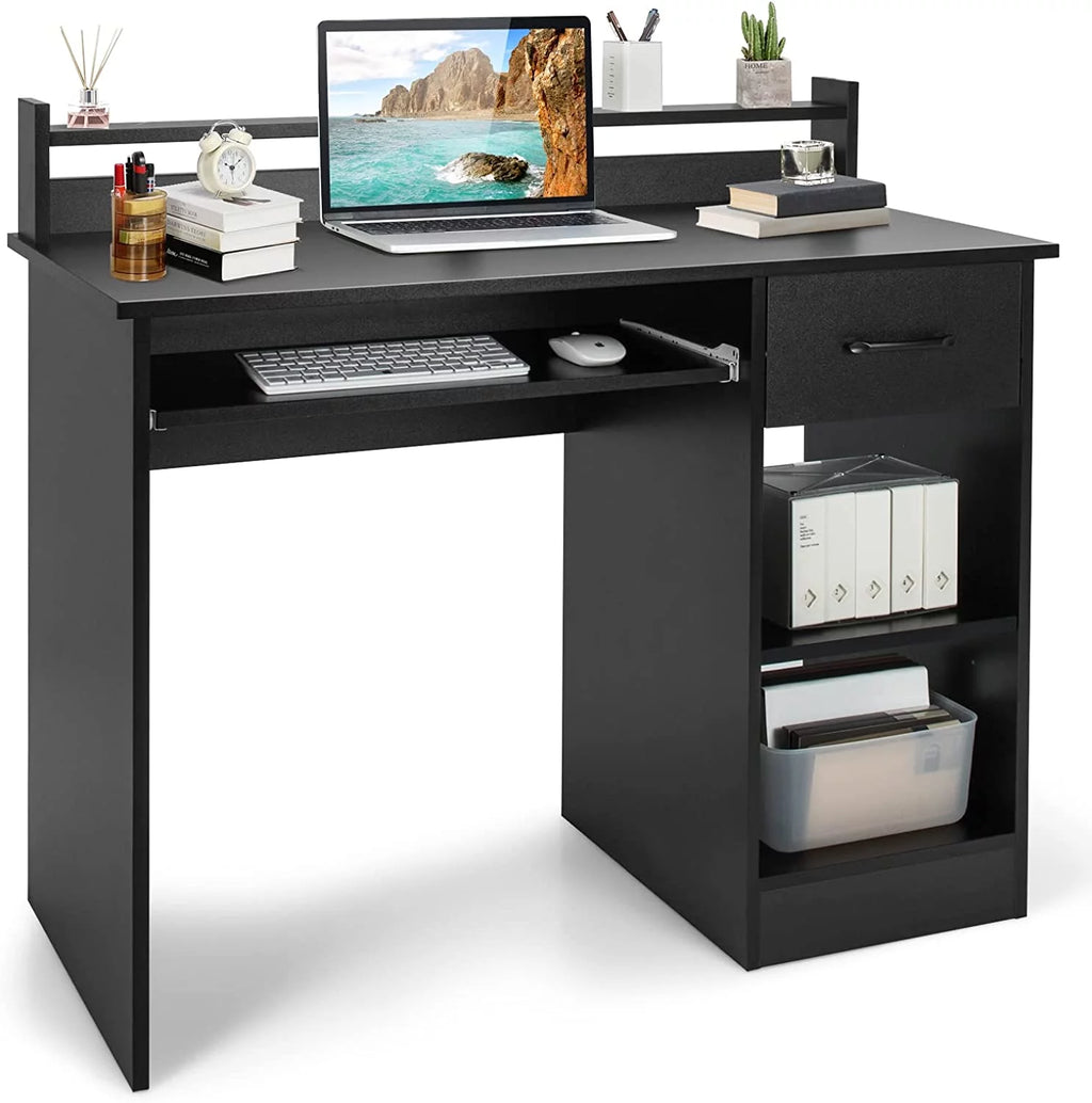 Computer Desk with Drawer & Keyboard Tray, 22 Inch Wide Wood Desk with Hutch & Storage Shelves I48861