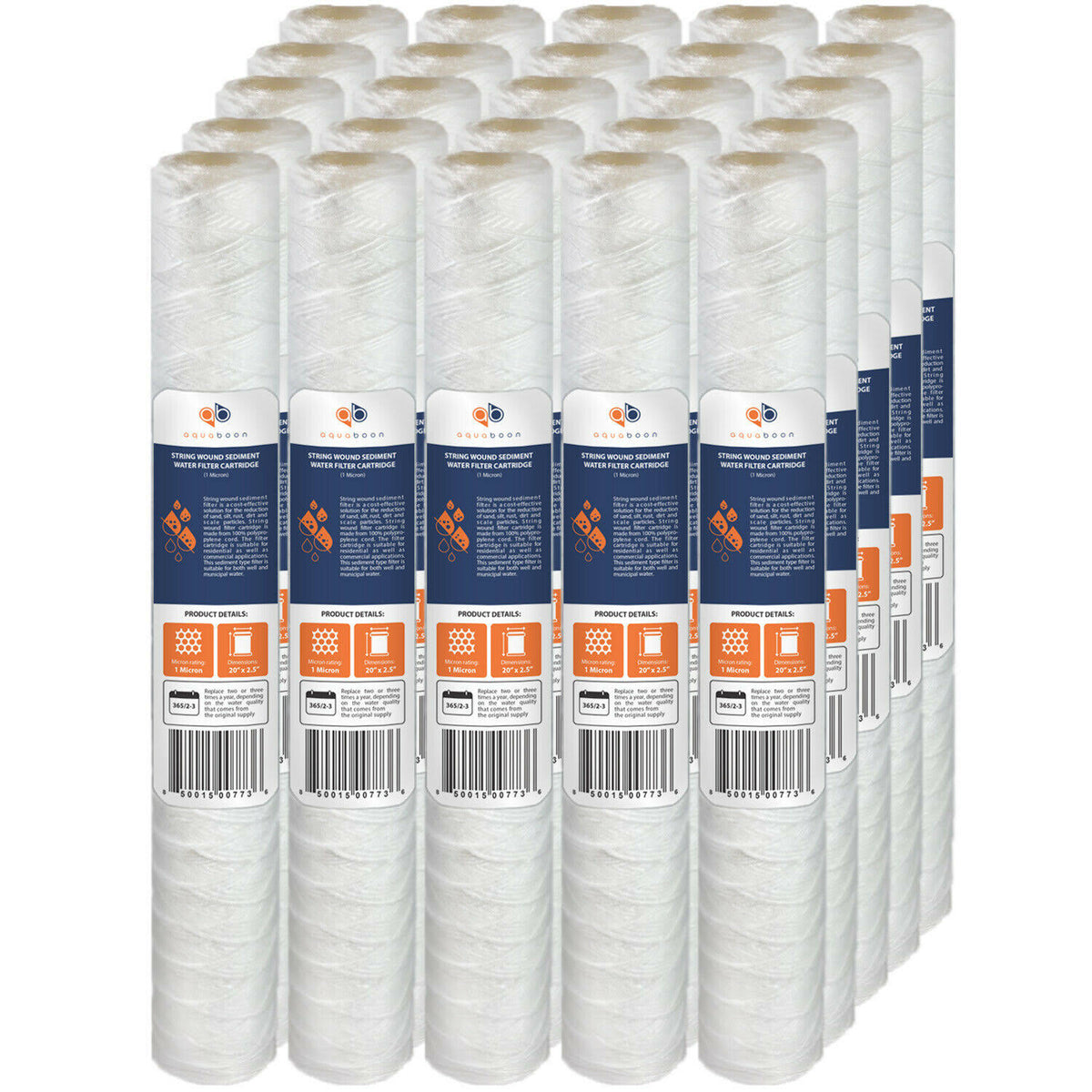25pk 1 Micron Wound String Sediment Water Filter Cartridges 20 inch x 2.5 inch L360611