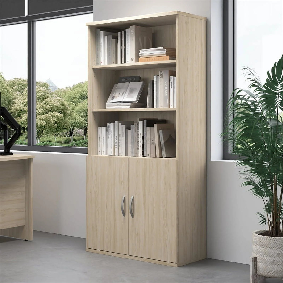 Tall 5 Shelf Bookcase with Doors Engineered Wood Y790