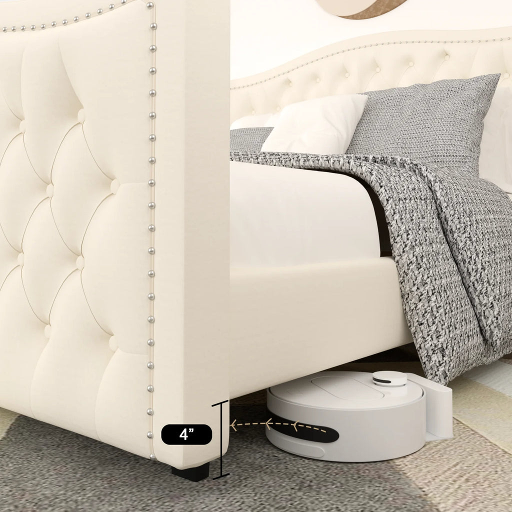 White Velvet Upholstered Tufted Platform Bed Frame X26337